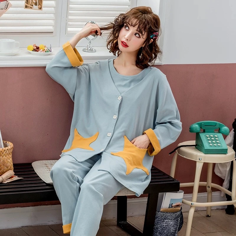 纯棉孕妇睡衣三件套春秋夏产后妇哺乳期喂奶女套装