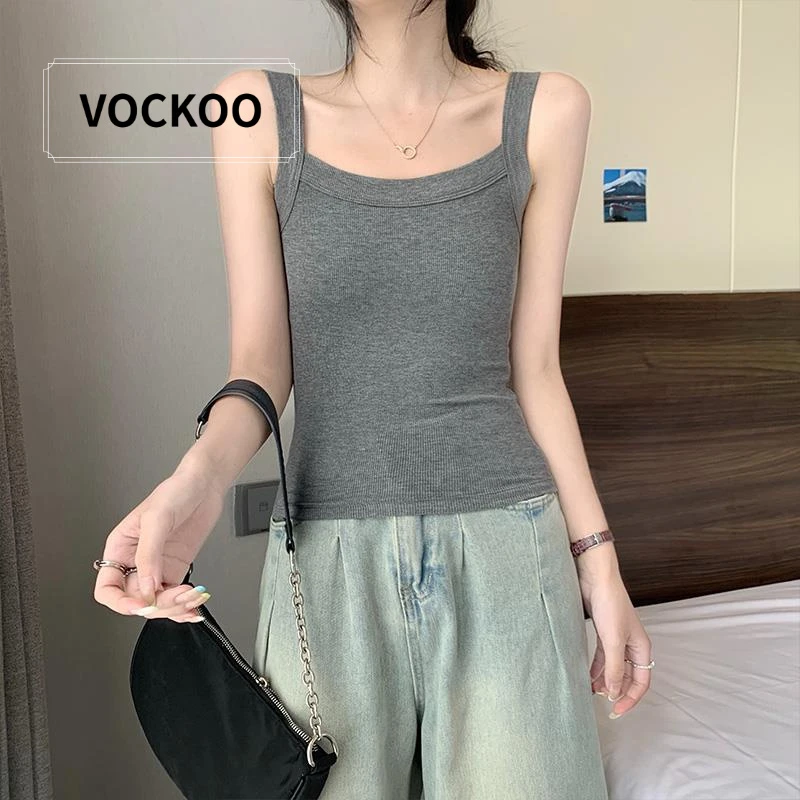 VOCKOO暗灰色螺纹方领吊带背心女夏修身无袖内搭显瘦简约小众设计