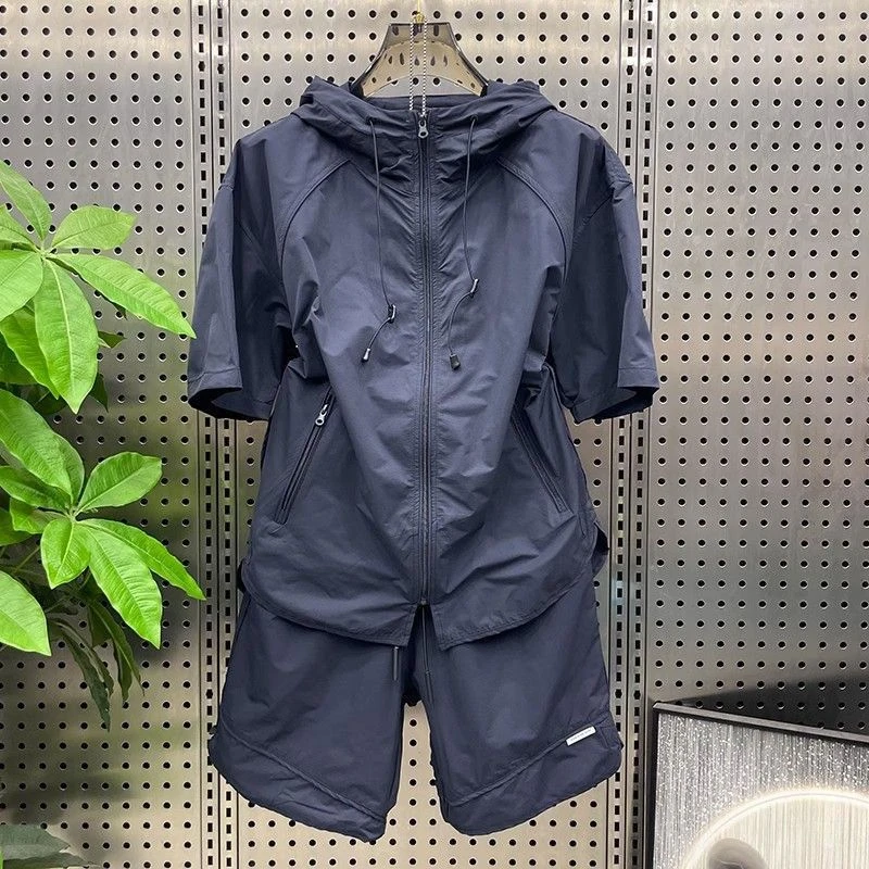 夏季薄款连帽速休闲套装潮流情侣短袖短裤青年韩版宽松两件套男装