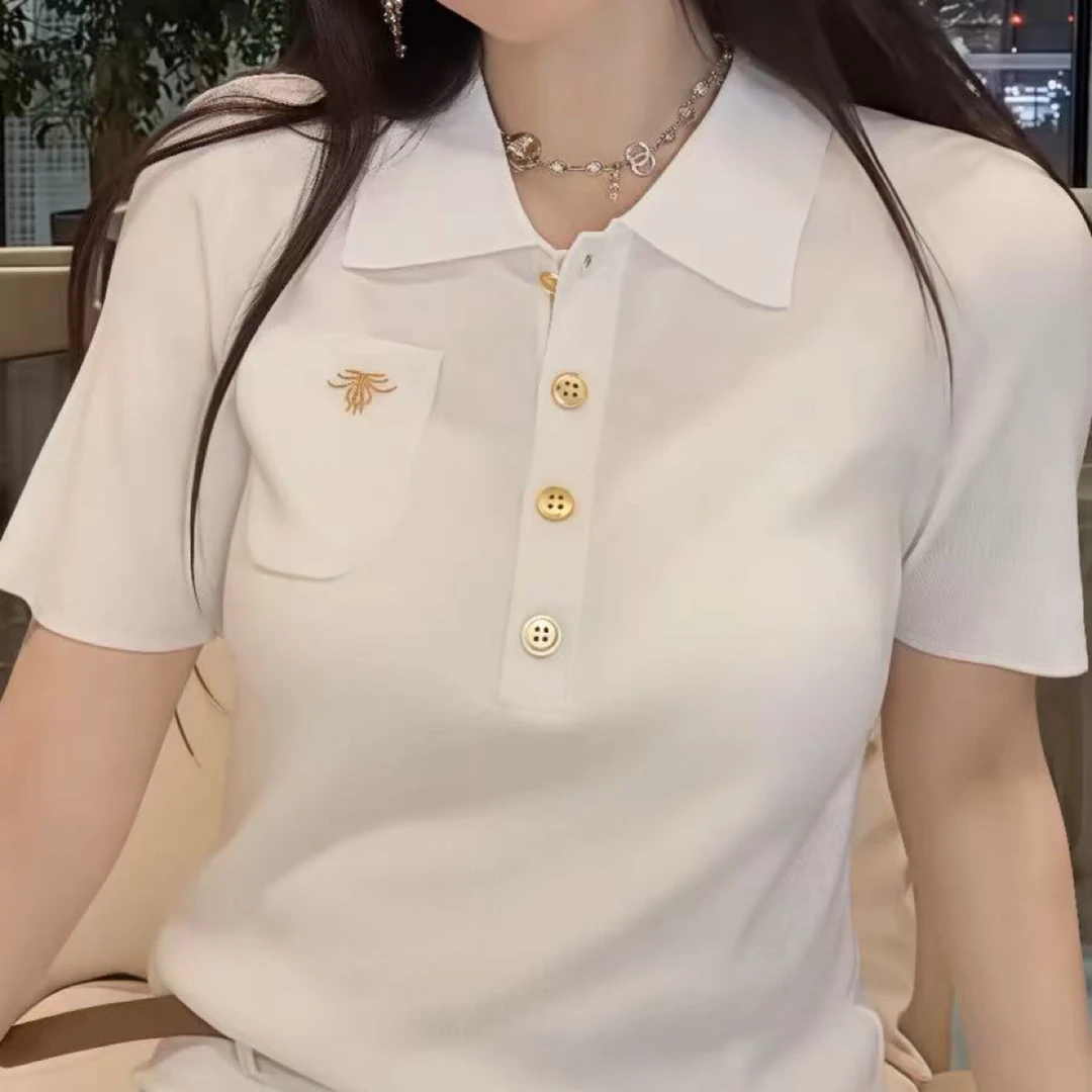 小蜜蜂翻领刺绣短袖毛针织衫百搭打底