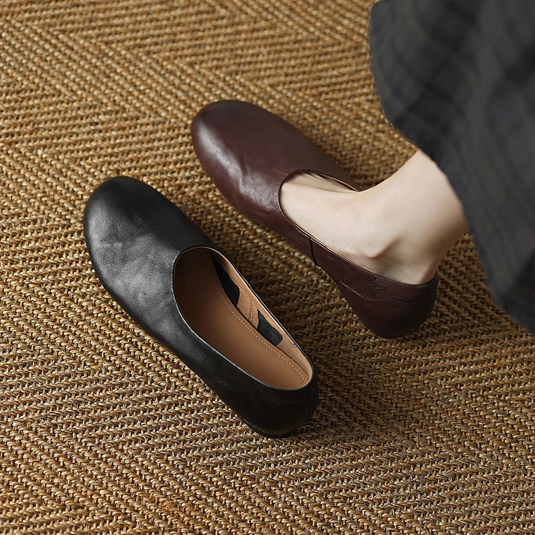 巨好穿法式复古平底小皮鞋女鞋真皮圆头浅口单鞋通勤一脚蹬奶奶鞋