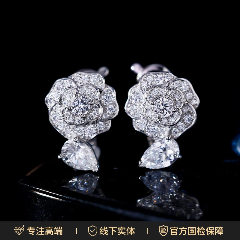 实验室培育钻石水滴山茶花PT铂金950钻石耳环高定版(7克多)