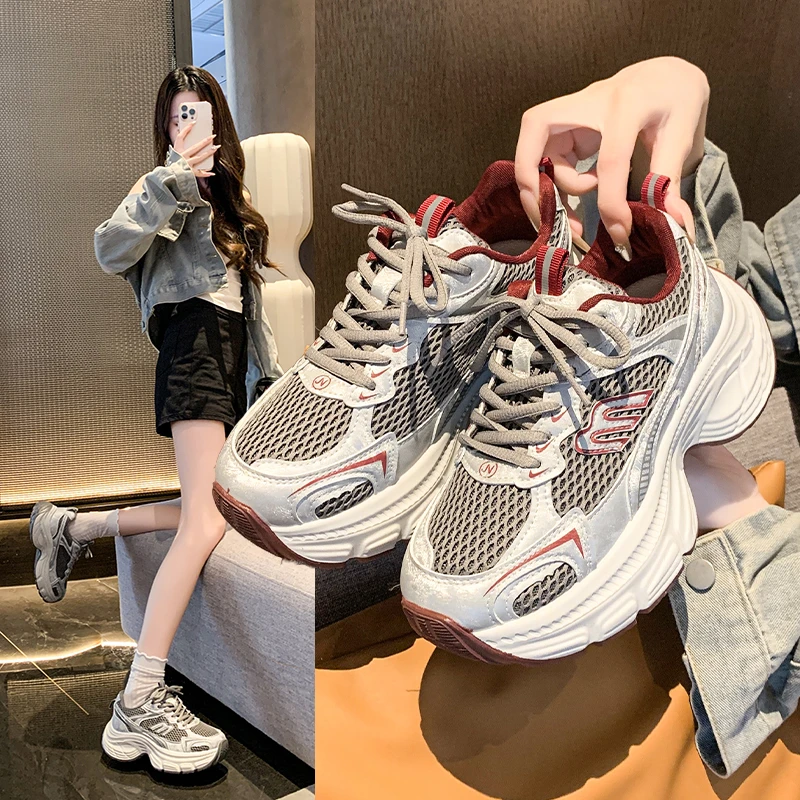 达尔惠/潮牌厚底老爹鞋女2025秋季新款小个子增高透气休闲运动鞋