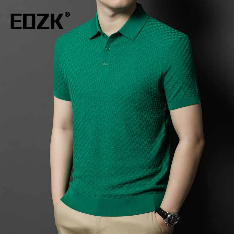 Eozk高端薄款针织短袖T恤男夏季休闲半截袖潮流轻商务有领polo