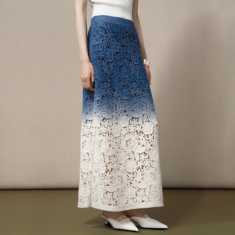 生活在左2025秋羊毛刺绣毛织半身裙镂空渐变显瘦高级长裙1953128