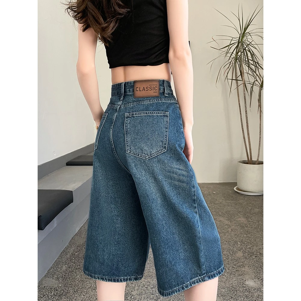 六七分牛仔短裤女2025年夏天薄款高腰显瘦a字直筒阔腿裤五分中裤