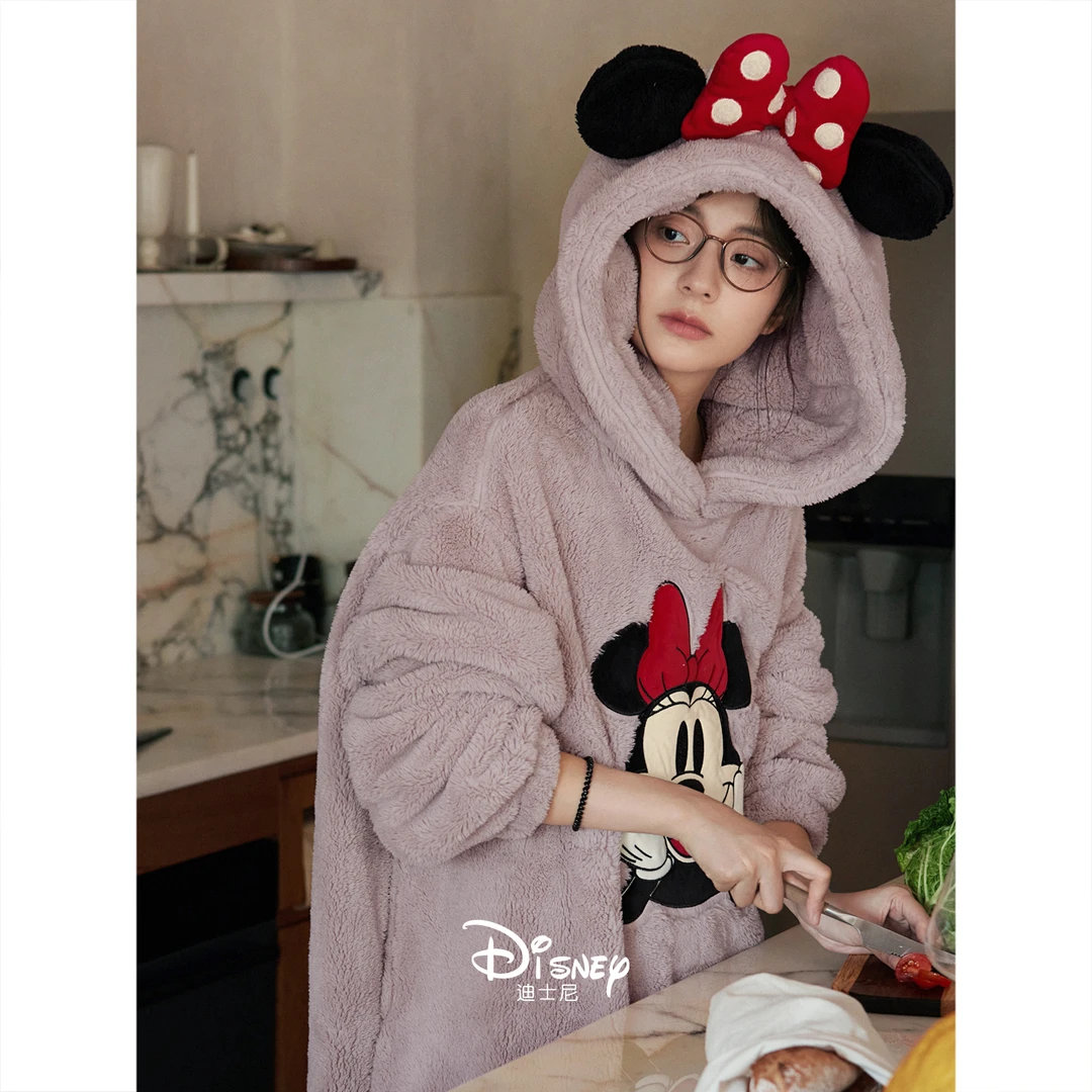 迪士尼珊瑚绒睡裙女款冬季连帽加厚睡衣睡袍可爱少女法兰绒连衣裙
