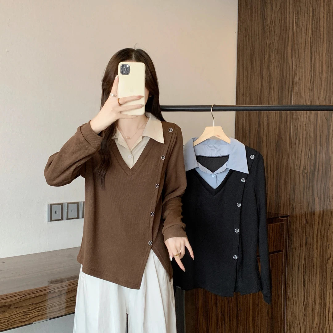 清大码设计感时尚假两件翻领衬衫胖mm秋冬百搭显瘦减龄上衣80707