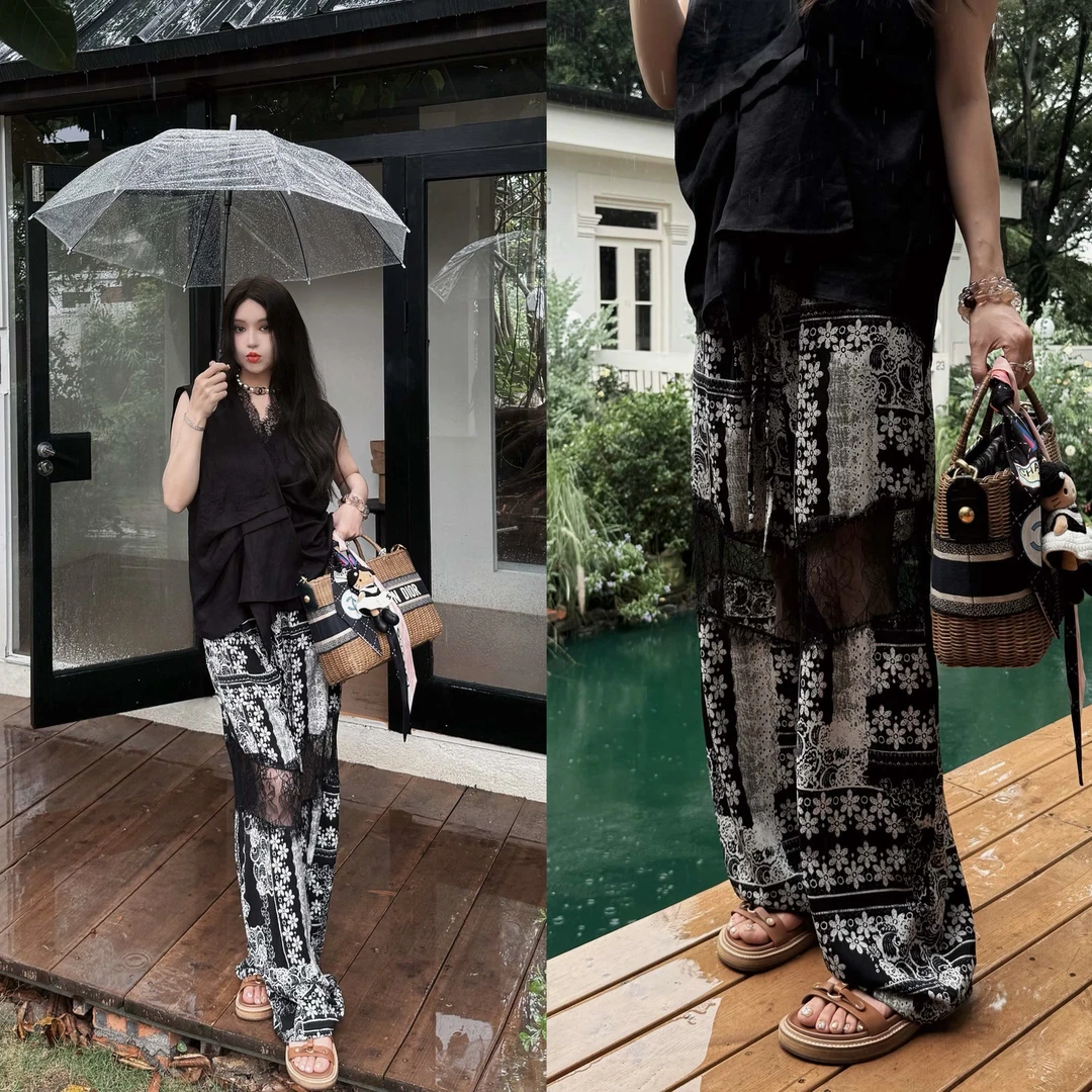 姗蔓深圳原版/838花间的秘密~醋酸复古碎花拼接蕾丝阔腿裤