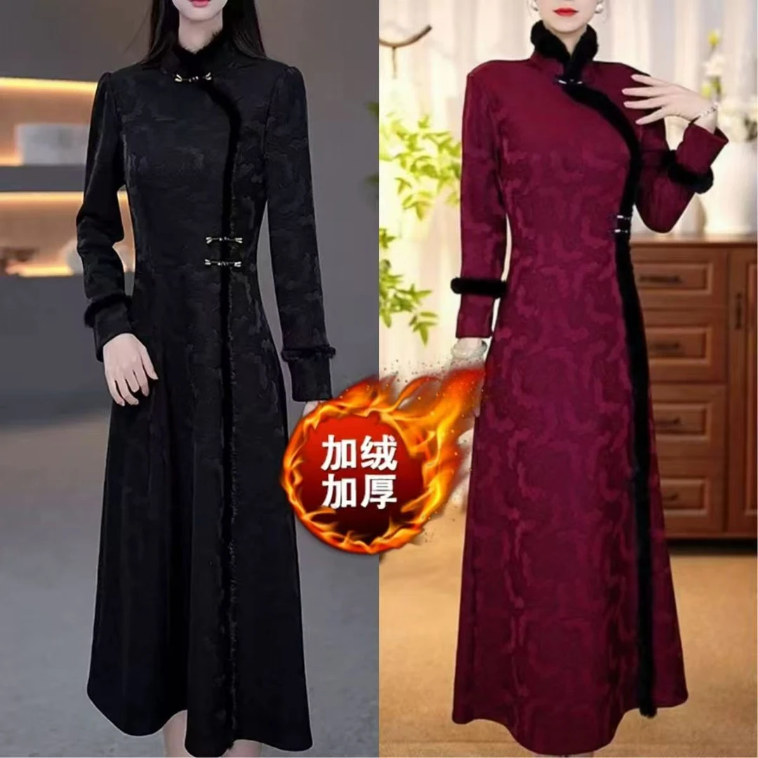 妈妈装秋冬新款洋气减龄加绒保暖裙子高档时尚提花国风旗袍连衣裙