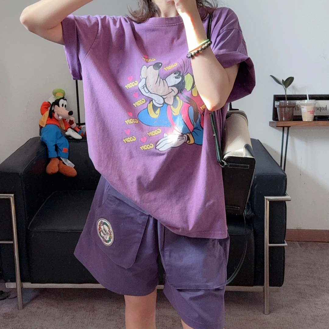 2025新款超洋气重工砂洗灰紫色圆领卡通高飞T恤女宽松显瘦显白