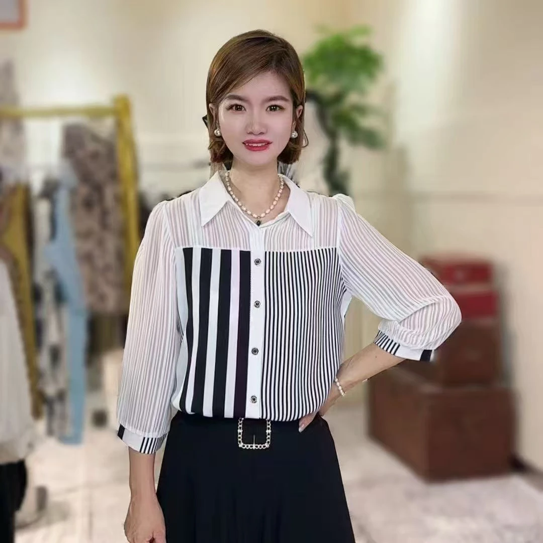 新款拼接衬衫女条纹七分袖衬衣显瘦遮肉减龄洋气小衫#2539