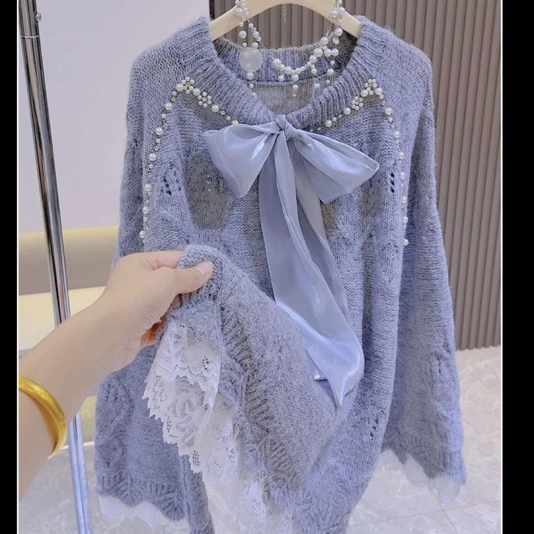 重工钉珠蝴蝶结毛衣女秋冬2024新款设计感蕾丝拼接慵懒风宽松上衣