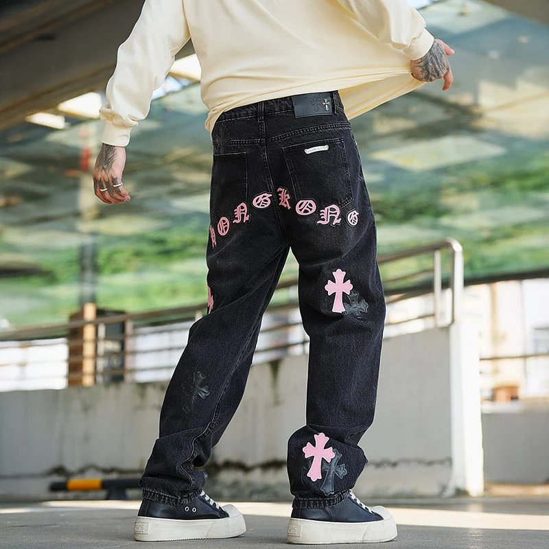 克罗新公司级顶配轻奢十字架皮牛仔裤黑灰宽松直筒男裤街头潮牌男