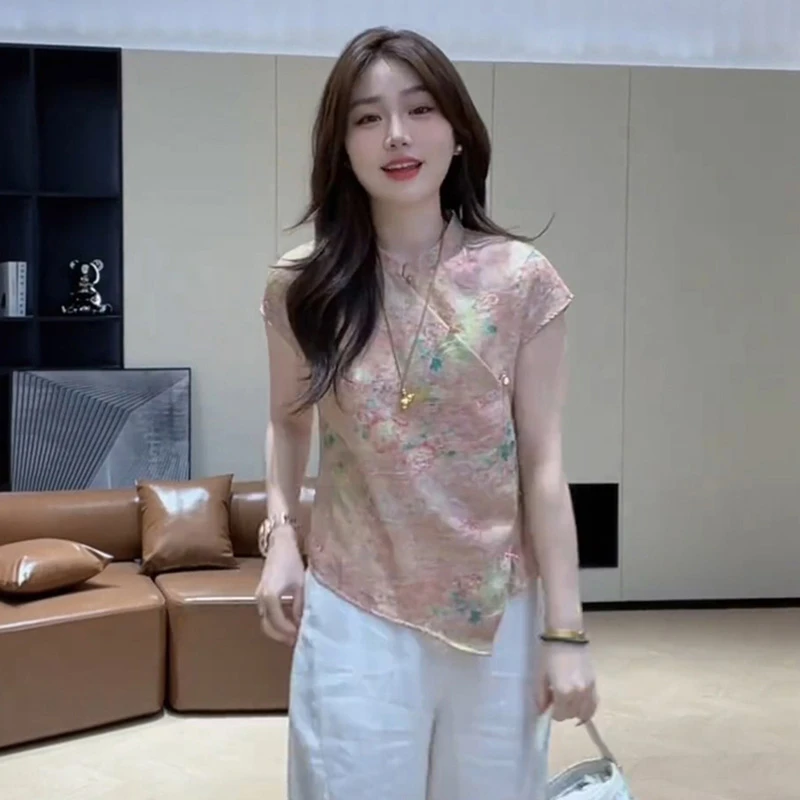 新中式国风气质时尚提花盘扣短袖衬衫女夏季2025新款别致漂亮小衫