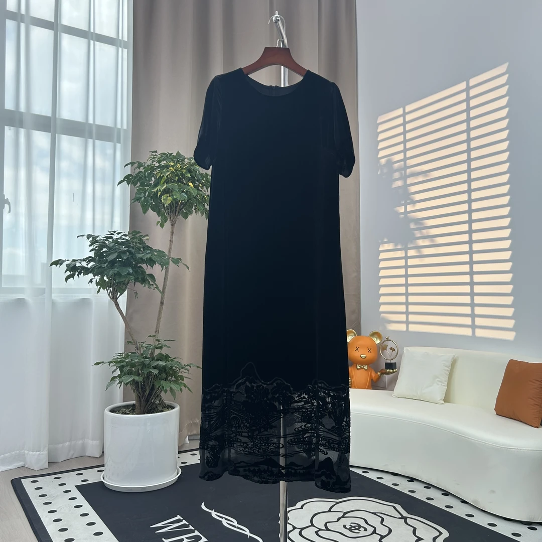 绫罗绸缎锦绣纱100桑蚕丝丝绒连衣裙水墨丹青长款设计师拼接黑色