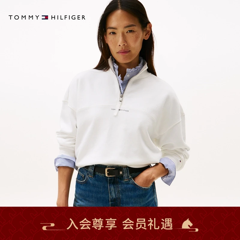 Tommy25新款秋冬女装运动休闲风字母印花半拉链立领套头卫衣05833