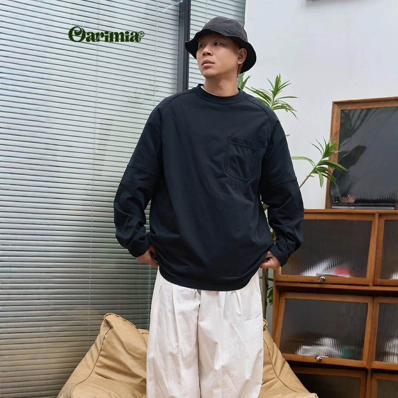 Oarimia日系复古重磅长袖T恤男女夏季新款宽松休闲打底衫