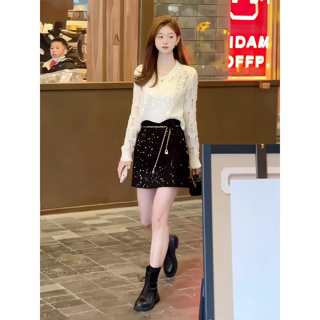 韩系小清新镂空亮片长袖针织衫女春秋季新款修身显瘦洋气打底衫潮