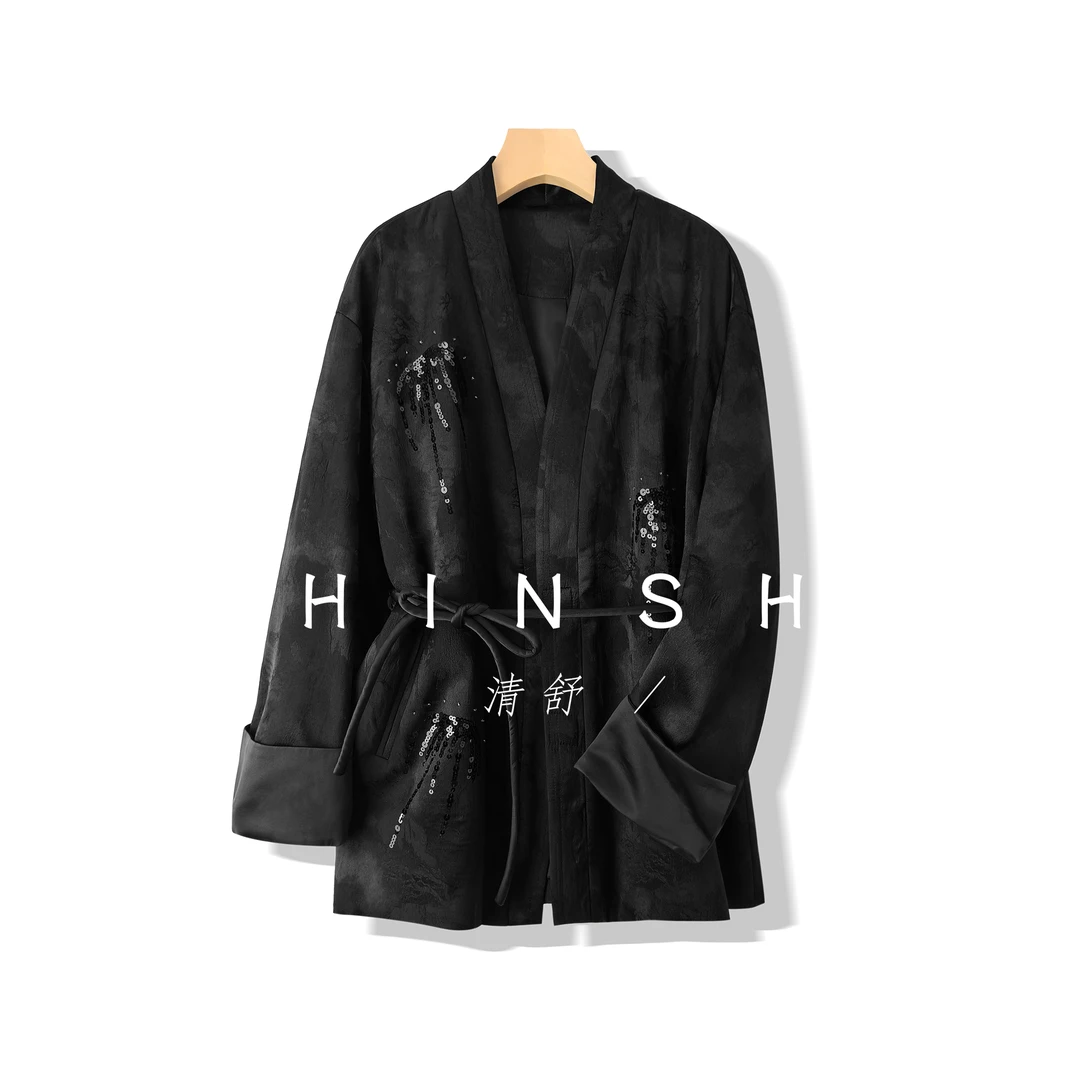 清舒【光影绘心】设计款高定100桑蚕丝V领保暖外套中长款棉服#51018