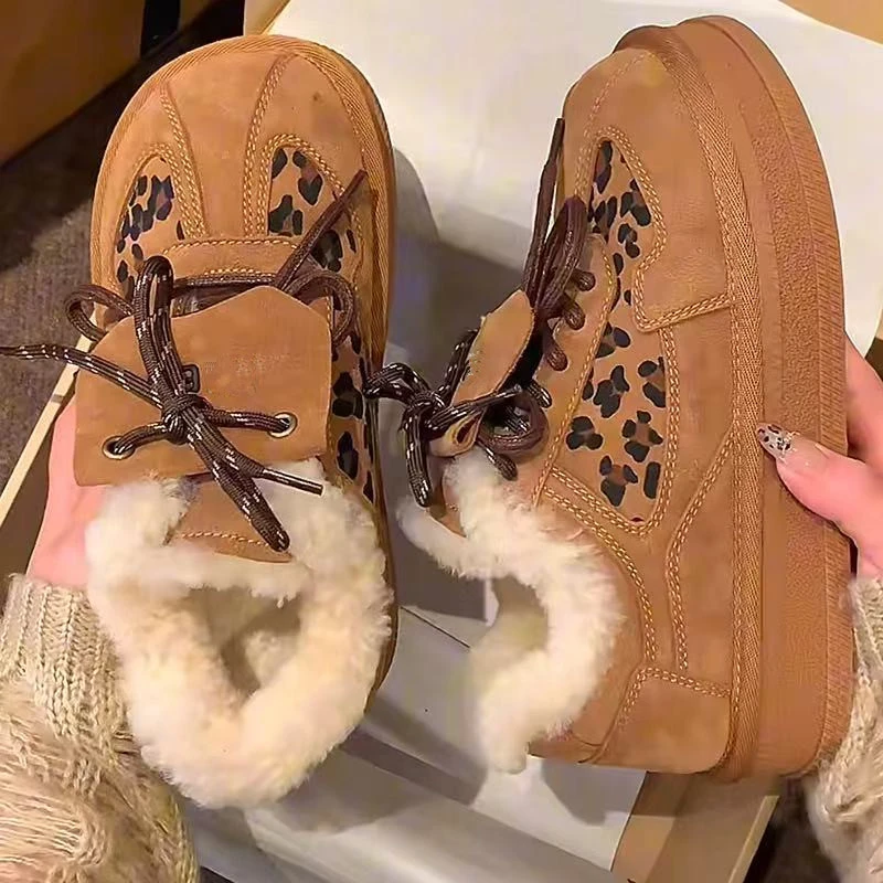 852断码女鞋冬季豹纹休闲休闲风棉鞋雪地靴罗马风格厚底加绒加厚