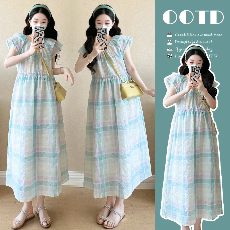 【酥酥】2025夏季新款孕妇裙甜美彩虹格子孕妇连衣裙宽松气质