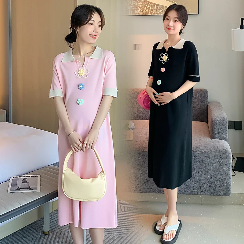 春夏新款孕妇冰丝针织连衣裙撞色彩色花朵POLO领显瘦针织裙子