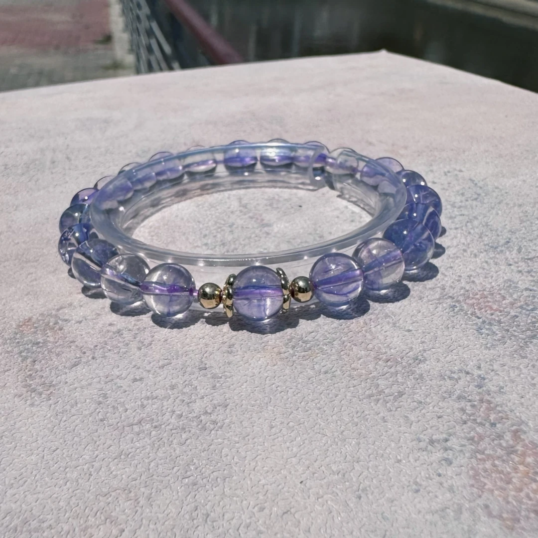 黄铜仿水晶手链 玻璃体冰种透体浅紫色单圈转运手串九紫离火