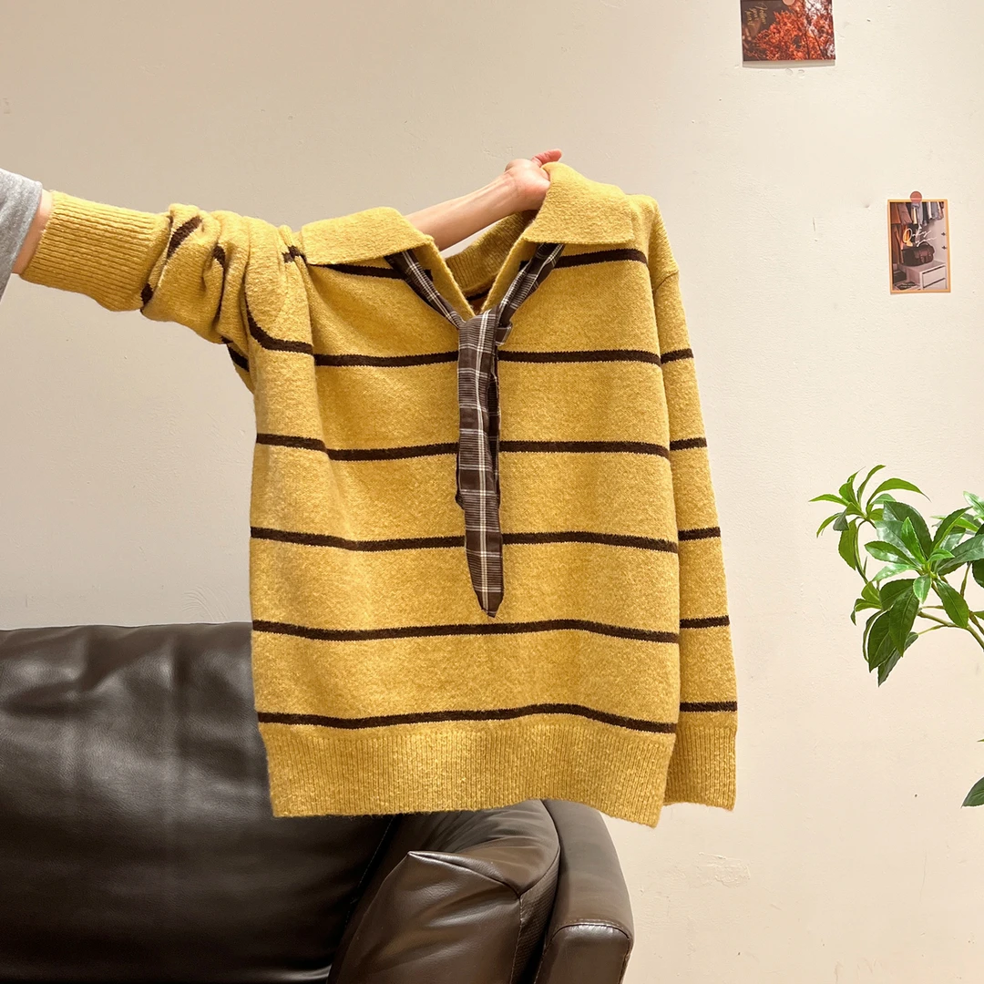 黄色条纹领巾POLO领套头长袖针织衫女2025秋冬宽松内搭打底衫上衣