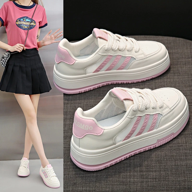 PLOVER网面透气小白鞋女款2025夏季新款厚底板鞋百搭洋气运动板鞋