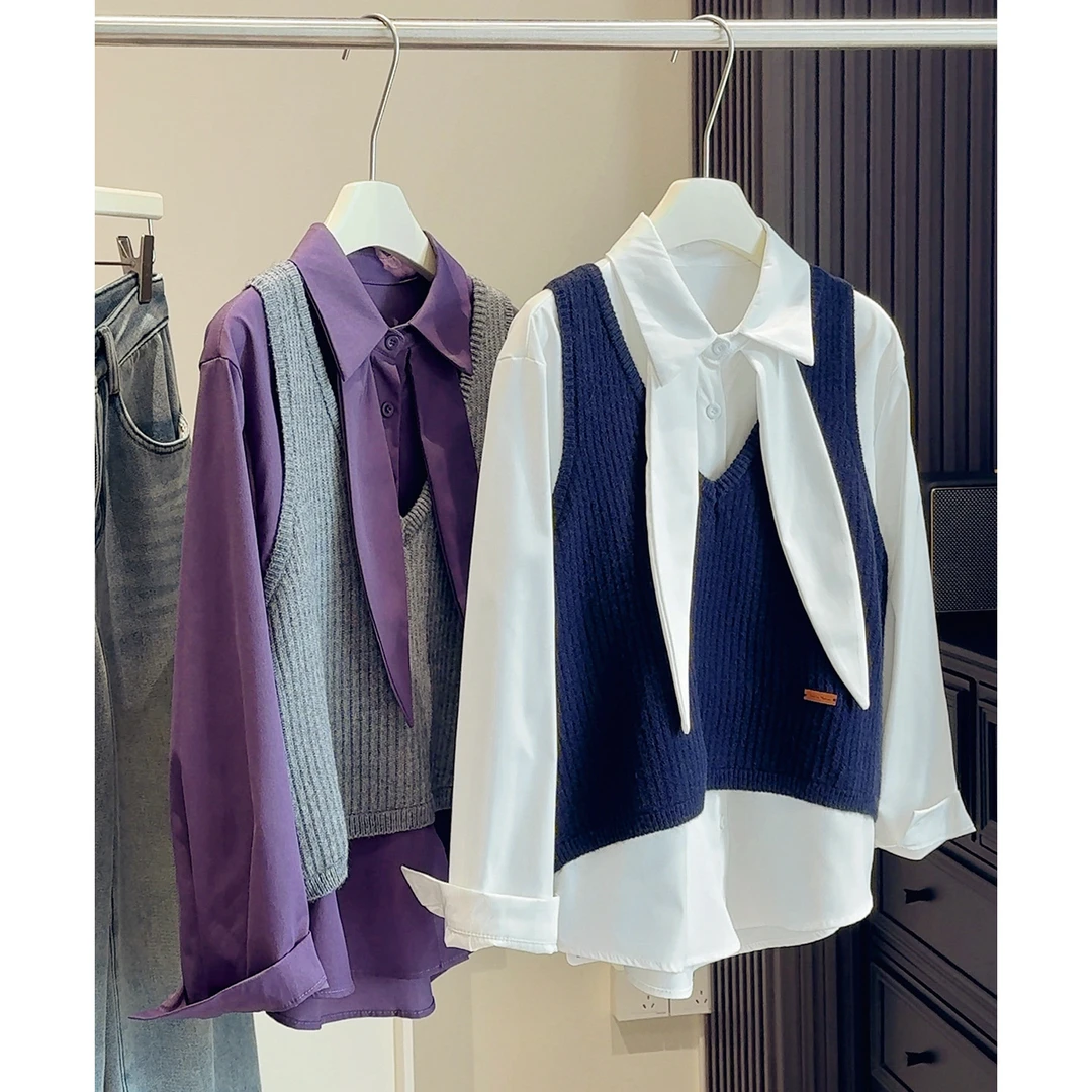 韩系学院风叠穿两件套女冬减龄翻领飘带衬衫+V领针织马甲上衣套装