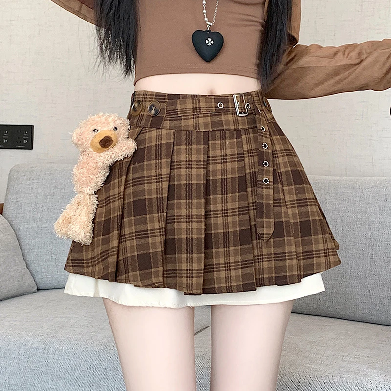 洋气衣服女学院风复古咖色格子百褶裙女秋冬甜辣JK穿搭高腰a字裙