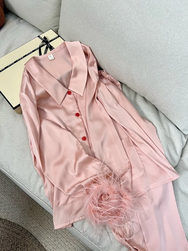 春夏季新款方领羽毛仿真丝睡衣女仙女风翻领薄款女士家居服