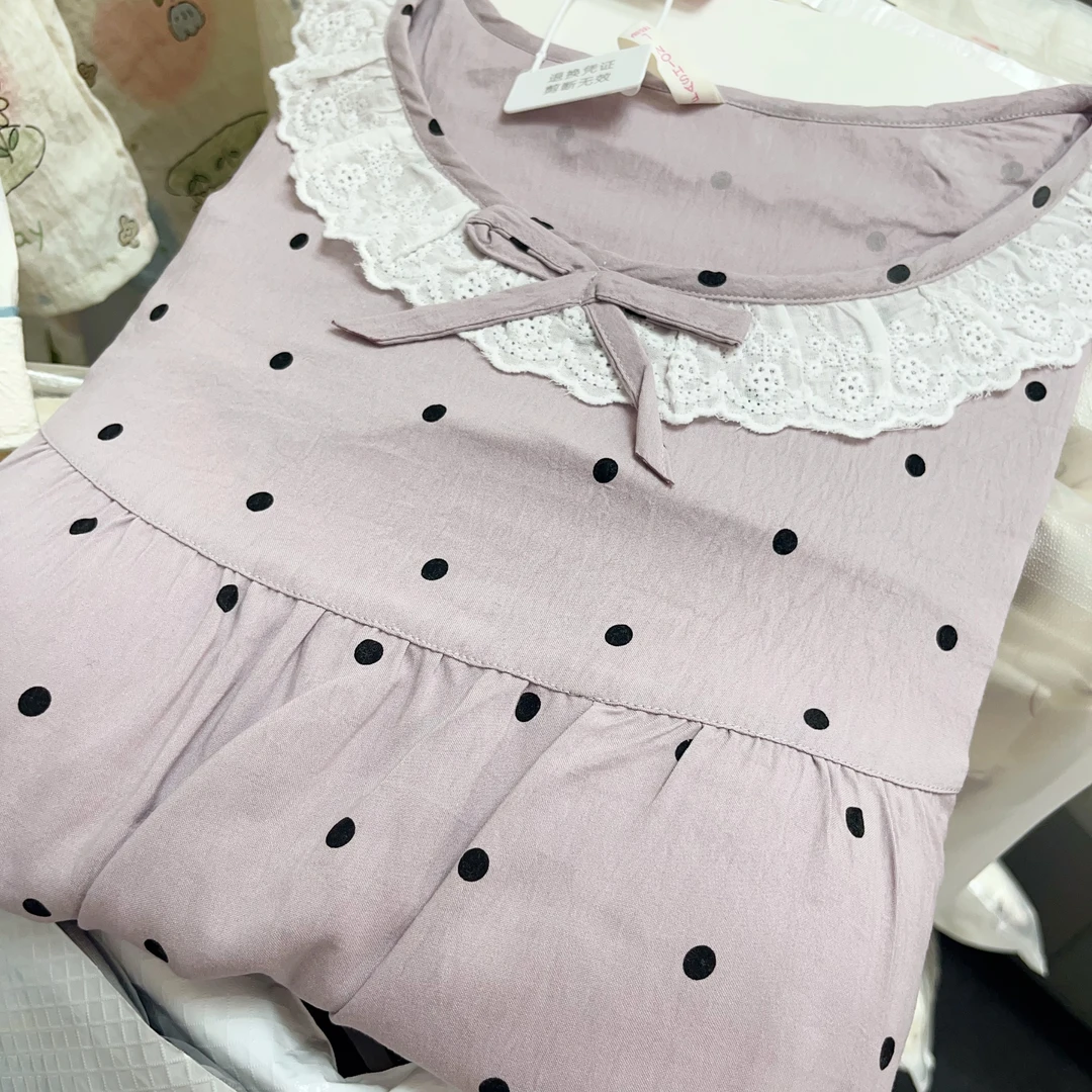 【R535】夏款圆领套头紫色波点短袖短裤+长裤三件套+胸垫【套头款】