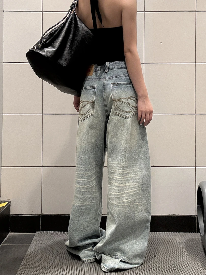 美式高街复古刺绣牛仔裤女2025秋季新款设计感宽松高腰直筒阔腿裤