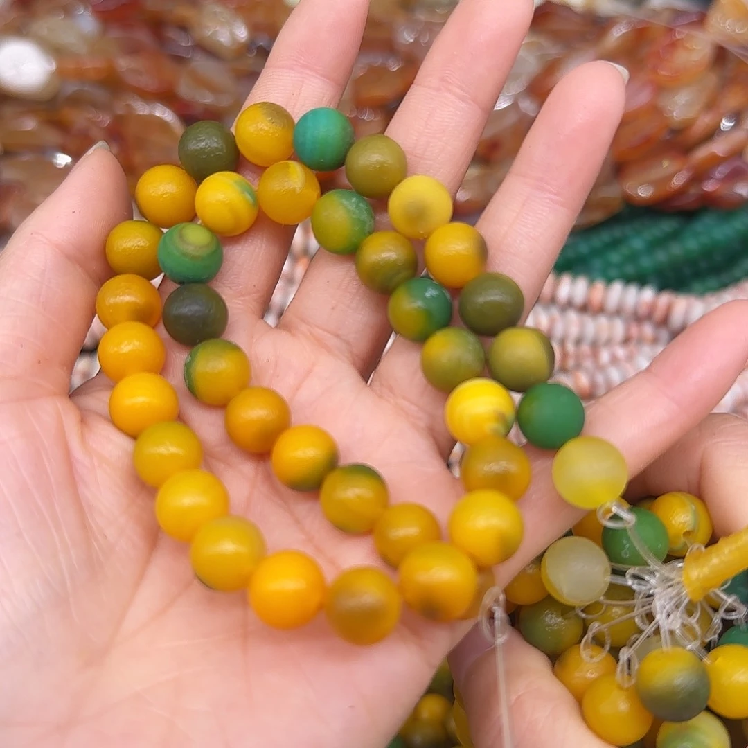 玛瑙/玉髓合金珠宝半成品黄绿玛瑙10mm一条