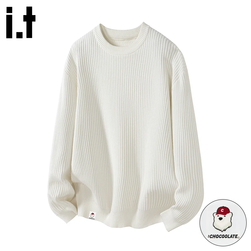 i.t:CHOCOOLATE白色简约针织毛衣男士秋冬宽松休闲设计感百搭上衣
