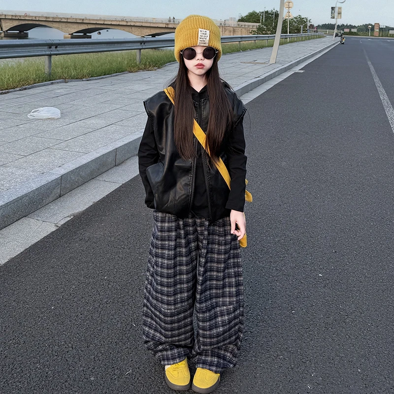 女童2025秋款格子春秋韩版工装风拉链套装宽松外套炸街夹克网红潮
