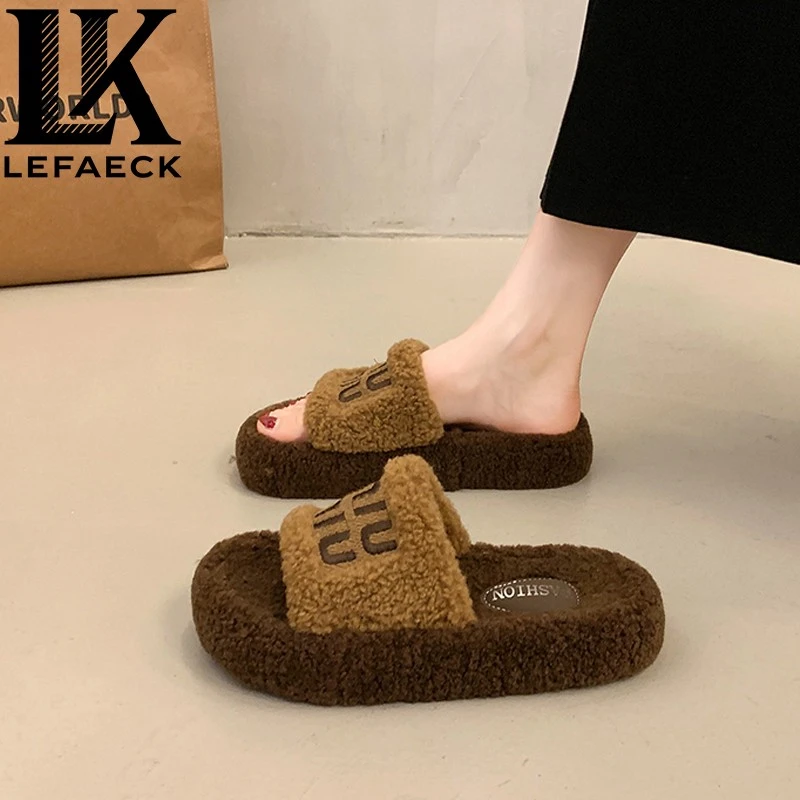 【LF&CK专柜正品】拖鞋女外穿新款秋季棕色复古毛毛鞋厚底贵妇棉