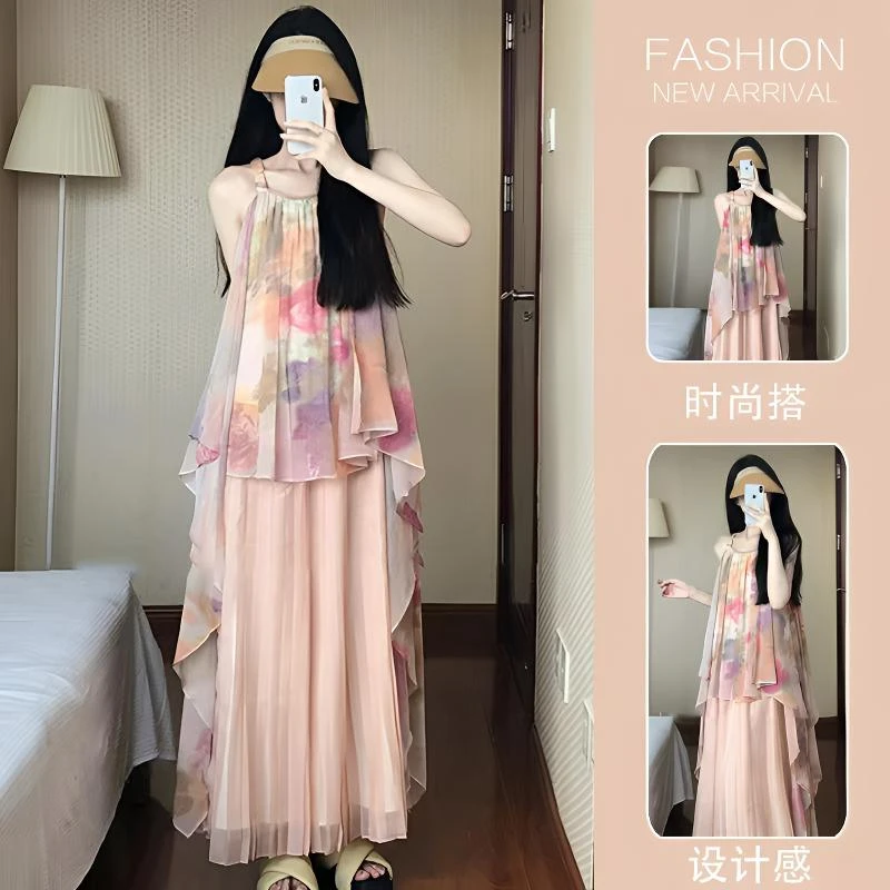 FASHION长款吊带度假风连衣裙气质时尚无袖裙子碎花显瘦百褶长裙