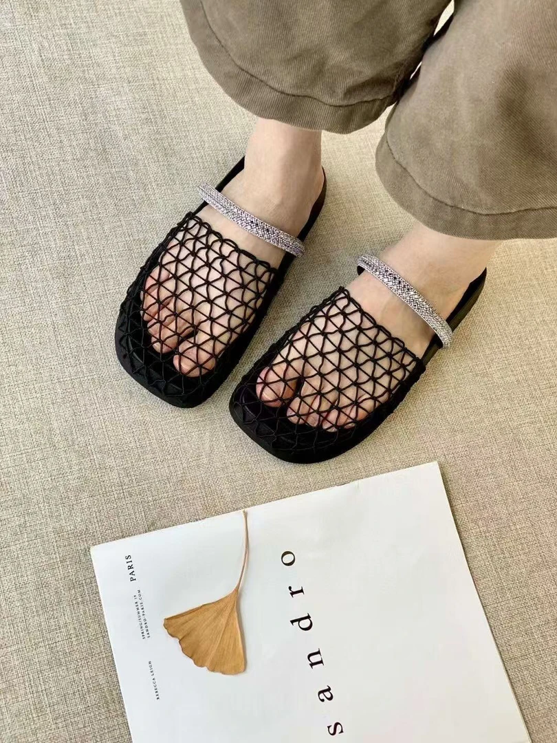 2025夏复古小众厚底网纱镂空半拖鞋水钻渔网鞋