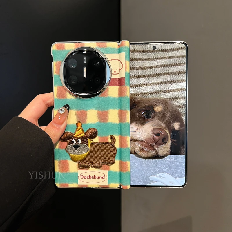 适用华为x6手机壳新款绿棕格纹时尚圣诞帽小狗折叠屏matex6典藏版