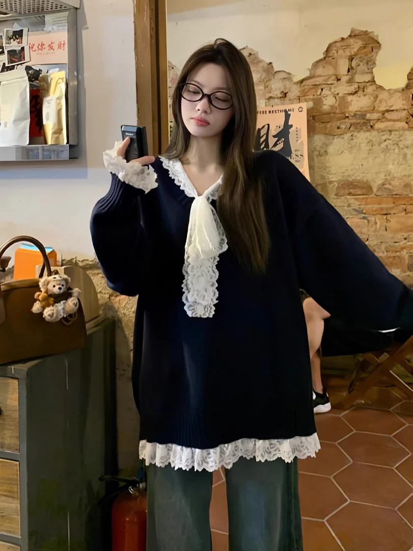 【655】ED#蕾丝拼接宽松百搭毛衣上衣