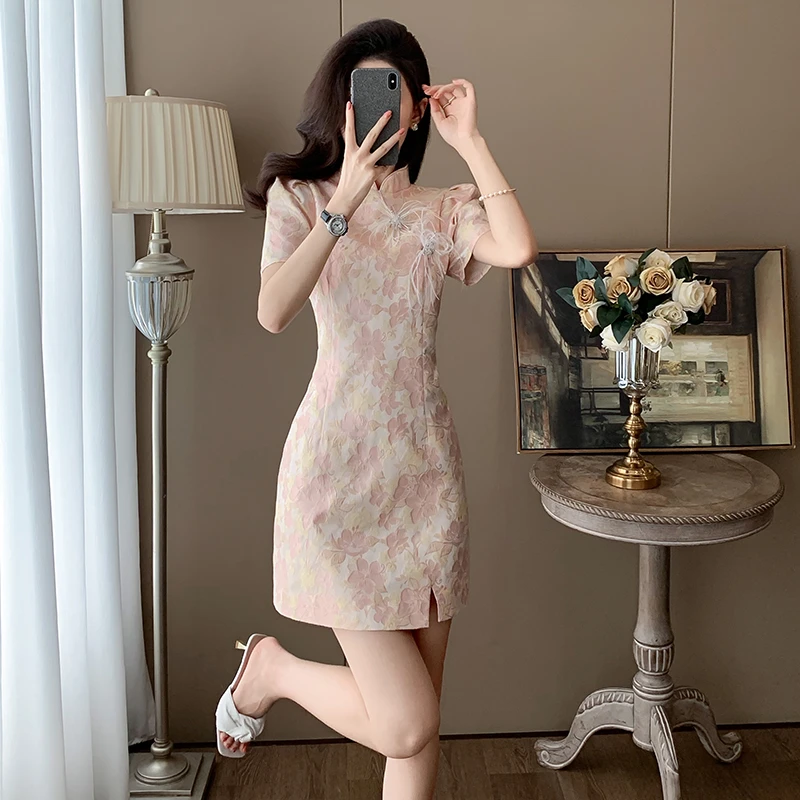 夏季气质修身改良旗袍裙女小众小个子收腰新中式国风连衣裙高级感