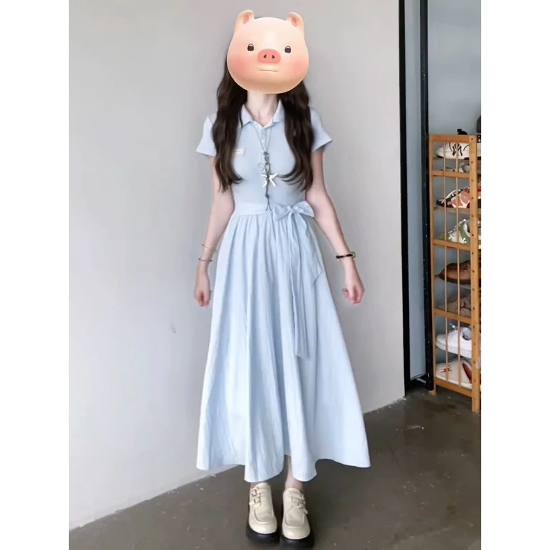 法式复古蓝色系针织拼接翻领连衣裙女夏新款收腰显瘦短袖a字长裙