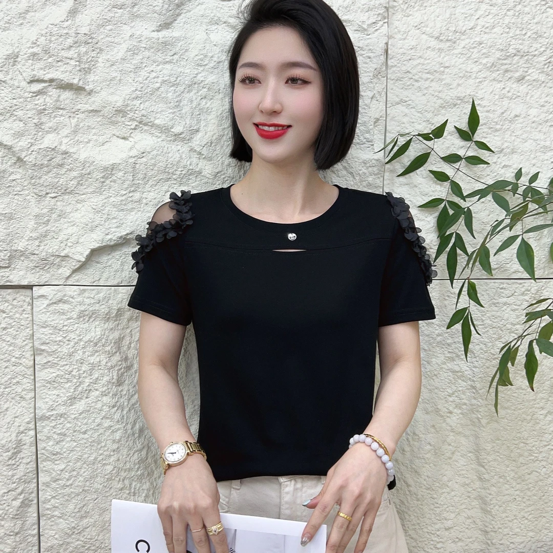 2025夏季新款纯色女士蕾丝短袖法式T恤网纱设计师气质显瘦#258