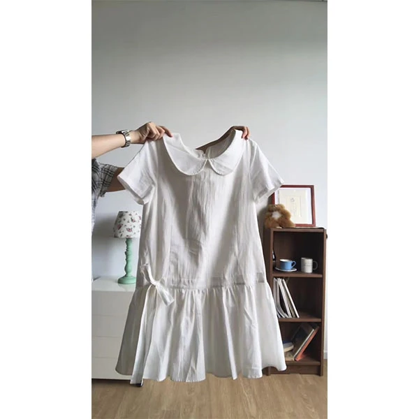 白色娃娃领短袖连衣裙女小个子夏季新款学院少女风蝴蝶结掐腰短裙