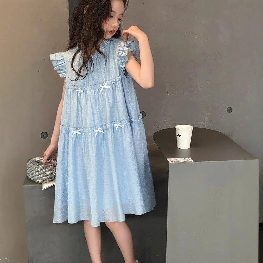 女童连衣裙2025夏季新款蓝色短袖裙儿童薄款休闲韩版甜美风公主裙