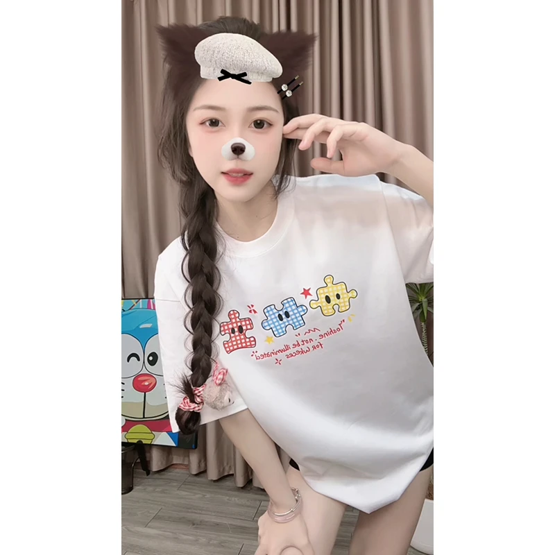 白色短袖T恤女夏可爱印花小个子2025新款宽松慵懒风潮牌半袖上衣