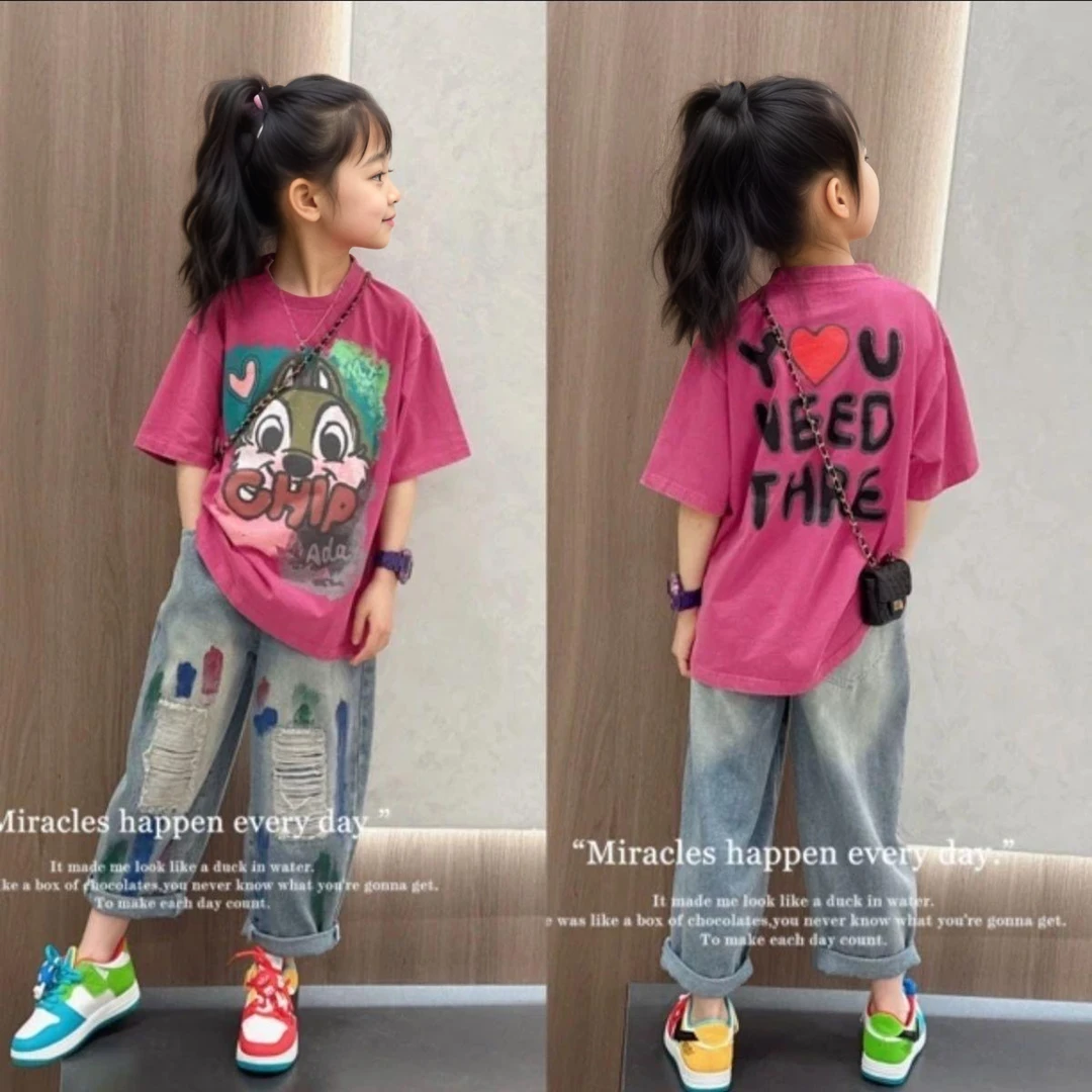 洋气宽松薄款夏季套装牛仔裤卡通动漫休闲印花女时尚韩版女童网红